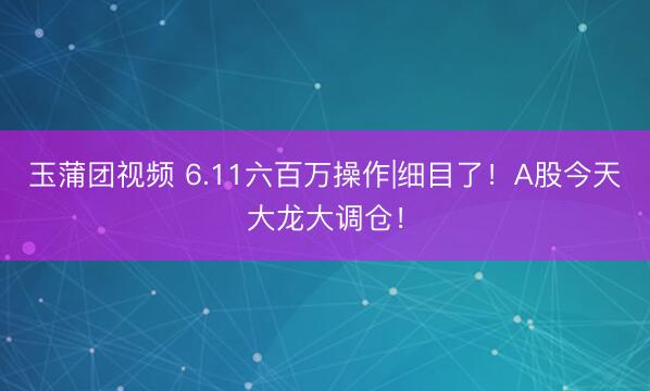 玉蒲团视频 6.11六百万操作|细目了！A股今天大龙大调仓！